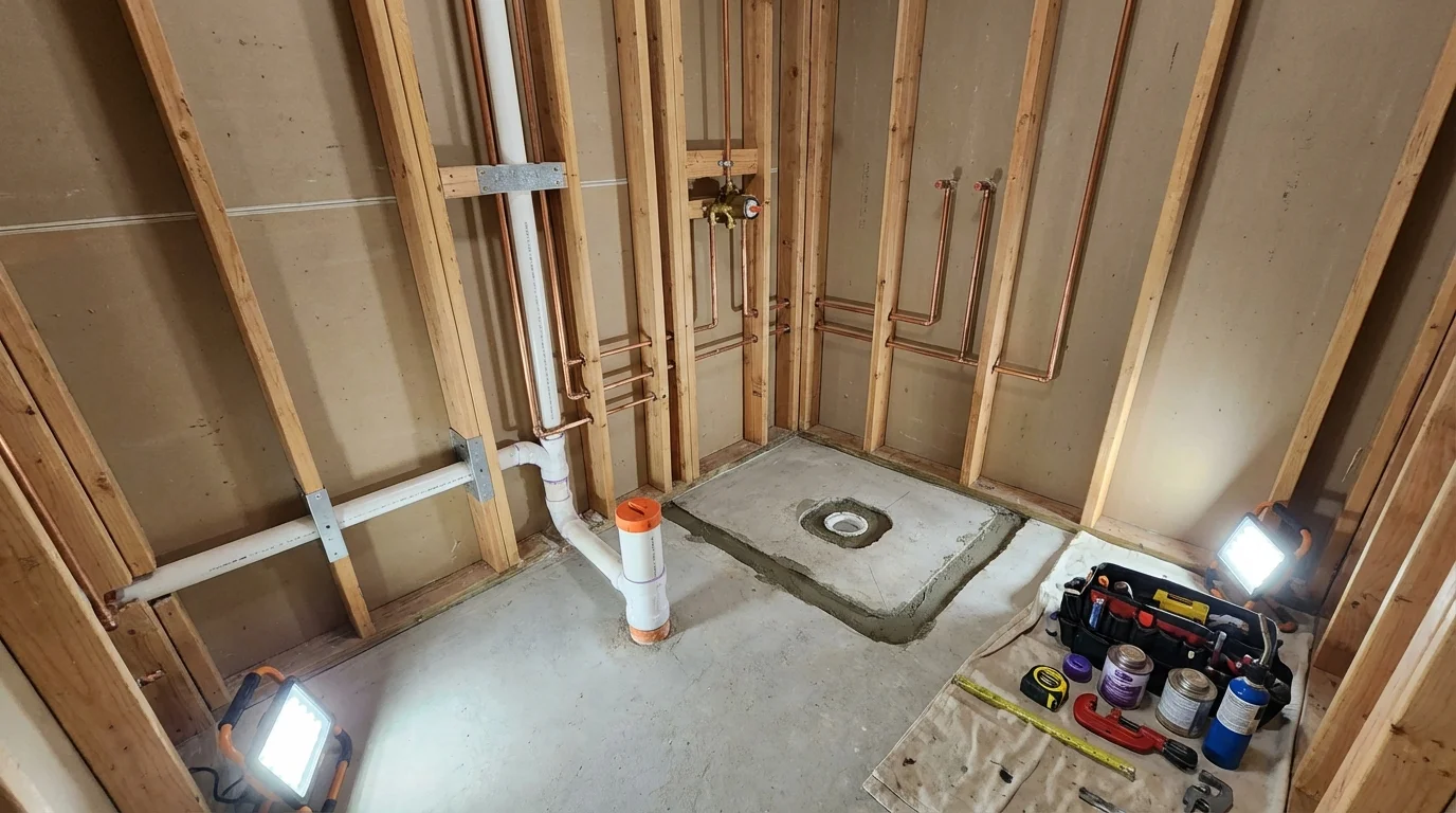 Bathroom rough-in plumbing during remodel by Johns Plumbing LLC in Trinidad