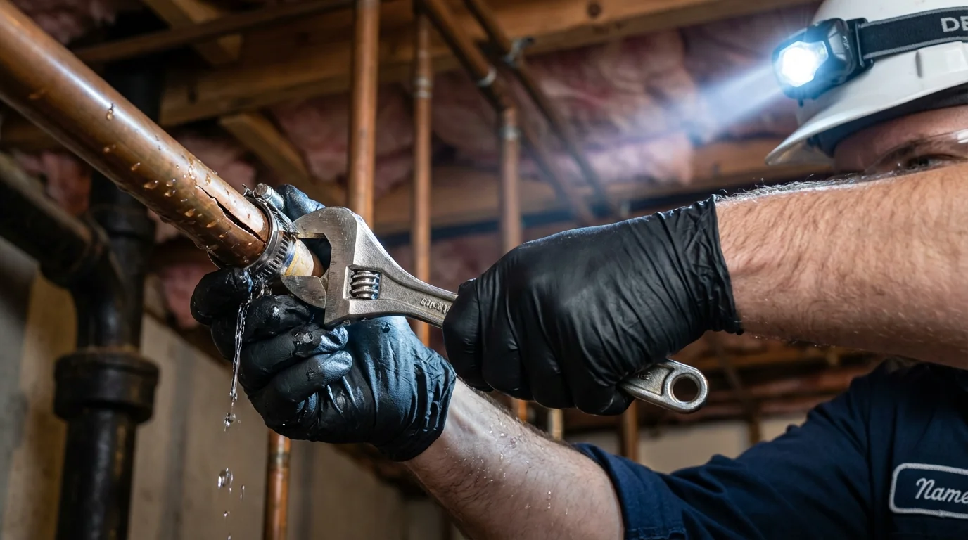 Emergency pipe clamp repair being performed by a Johns Plumbing LLC plumber in Trinidad