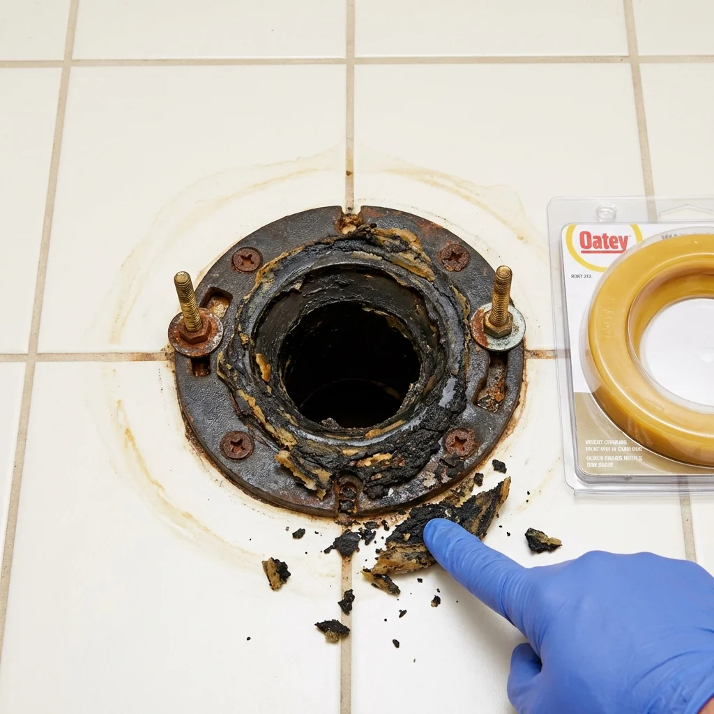 Failed wax ring showing water seepage at the base of a toilet in a Trinidad, CO home
