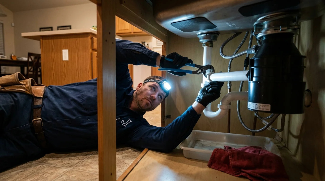 P-trap and supply line connections under a kitchen sink showing a common leak point in Trinidad, CO